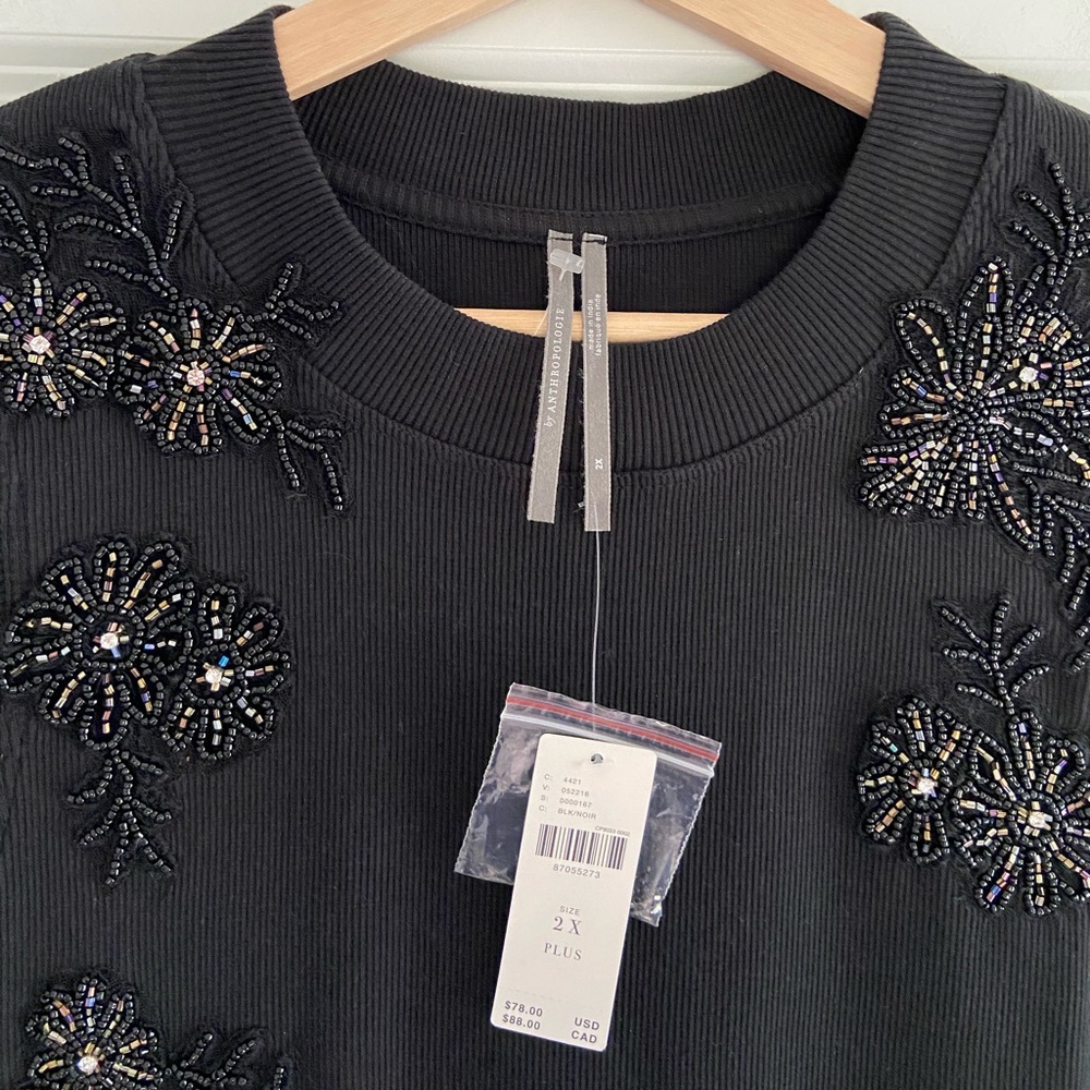 Anthropologie Black Beaded Applique Tank Top Sleeveless Ribbed Cotton Knit Sz 2X - Picture 6 of 16
